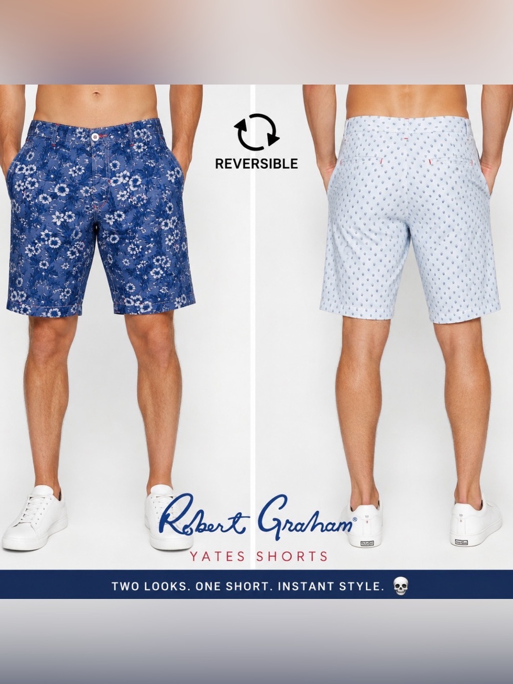 Robert Graham Yates Men’s 38 Reversible Designer Chino Shorts Skulls Floral